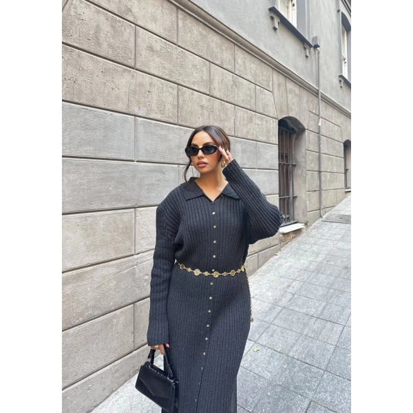 Evsa Mini Gold Düğmeli Elbise - Antrasit