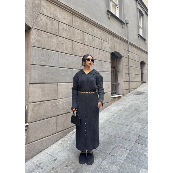 Evsa Mini Gold Düğmeli Elbise - Antrasit