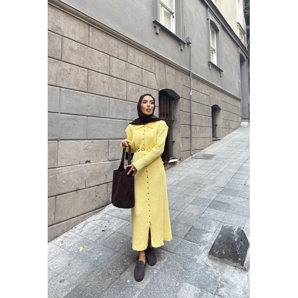 Evsa Mini Gold Düğmeli Elbise - Sarı