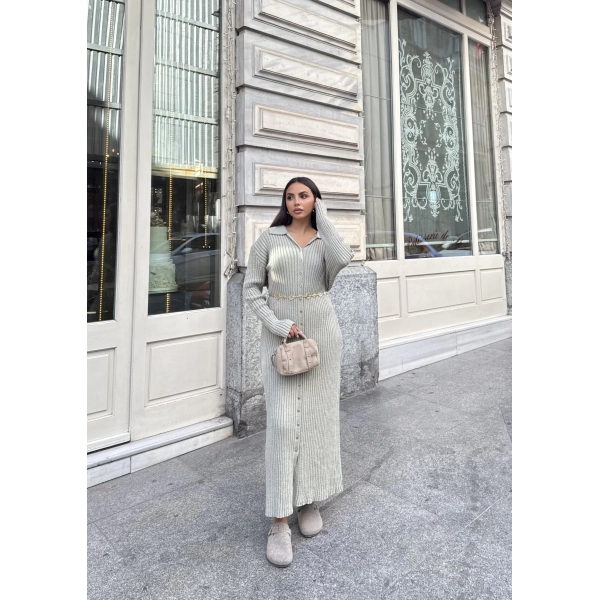 Evsa Mini Gold Düğmeli Elbise - Yeşil