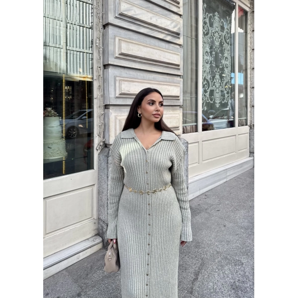 Evsa Mini Gold Düğmeli Elbise - Yeşil