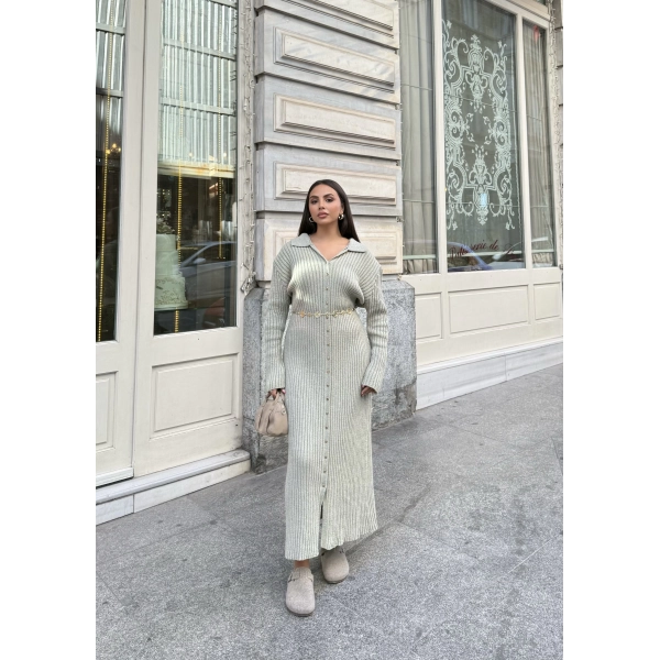 Evsa Mini Gold Düğmeli Elbise - Yeşil