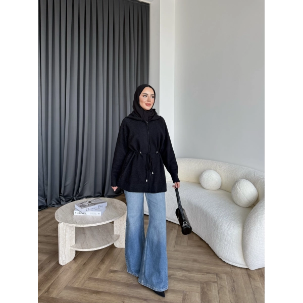 Eyla Fermuarlı Hırka - Siyah
