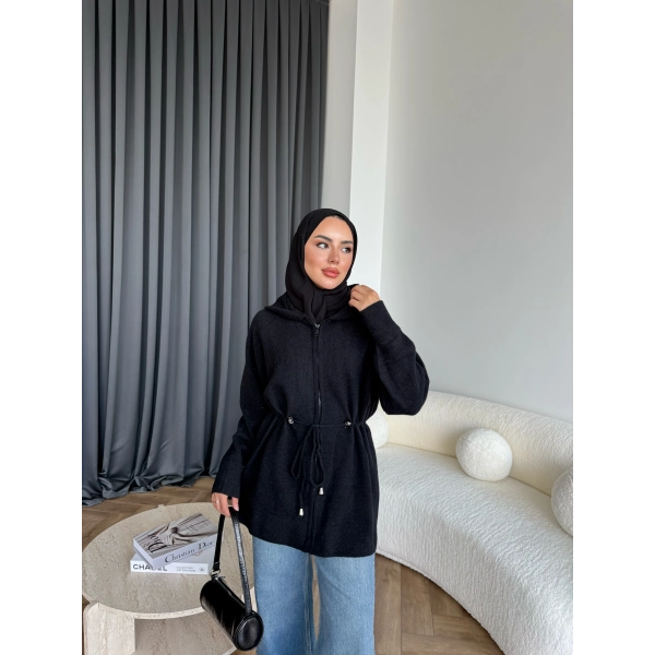 Eyla Fermuarlı Hırka - Siyah