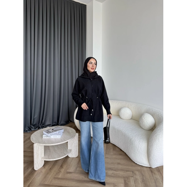 Eyla Fermuarlı Hırka - Siyah