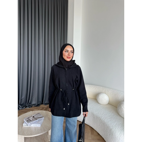 Eyla Fermuarlı Hırka - Siyah