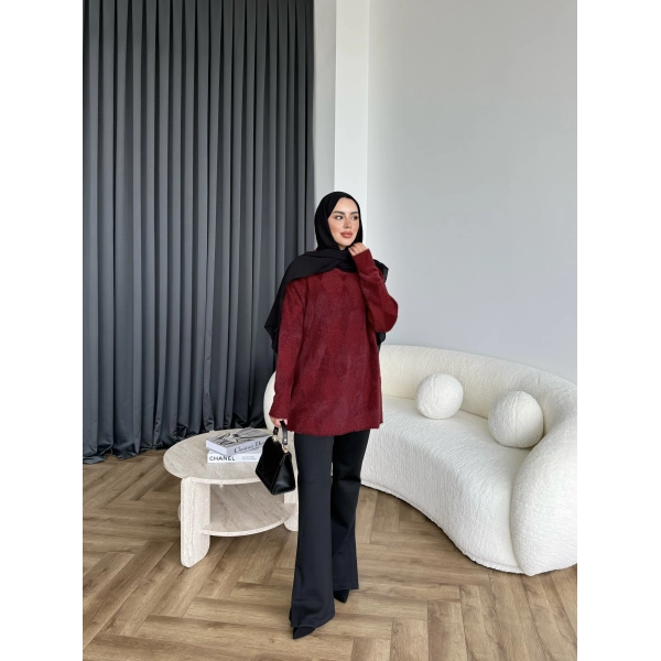 Faramis Baklava Tüylü Kazak - Bordo