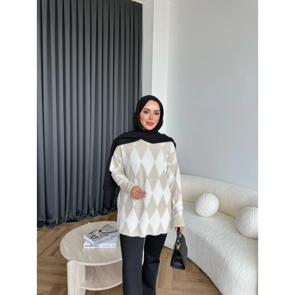 Faramis Baklava Tüylü Kazak - Ekru