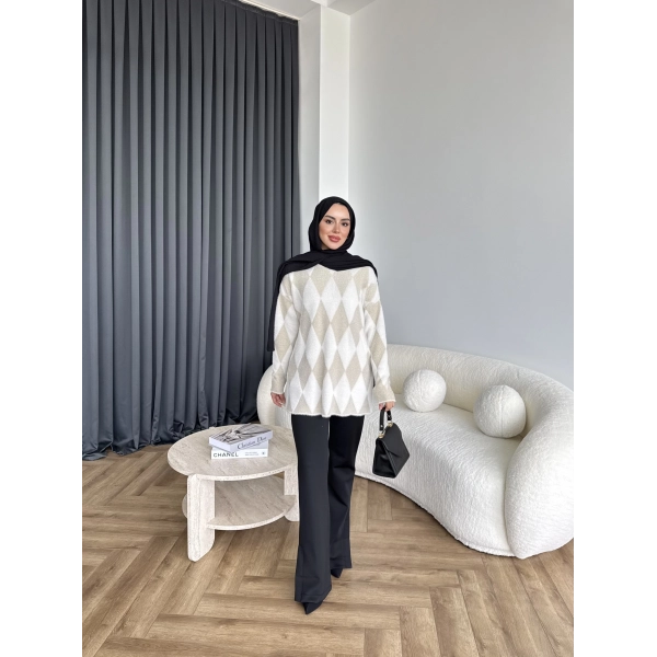 Faramis Baklava Tüylü Kazak - Ekru