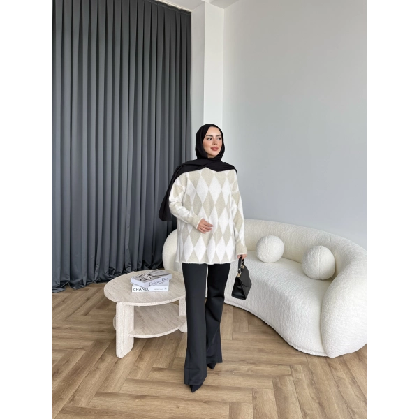 Faramis Baklava Tüylü Kazak - Ekru