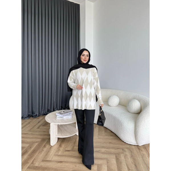 Faramis Baklava Tüylü Kazak - Ekru