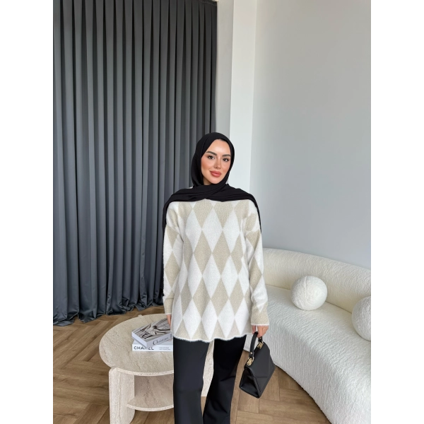 Faramis Baklava Tüylü Kazak - Ekru