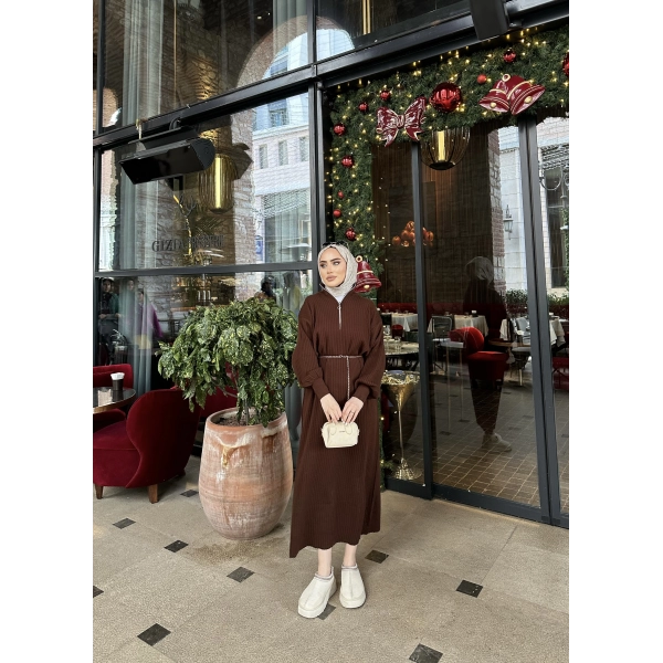 Fermuar Detaylı Triko Elbise - Acı Kahve