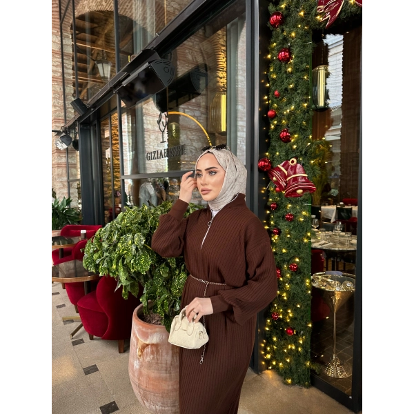 Fermuar Detaylı Triko Elbise - Acı Kahve