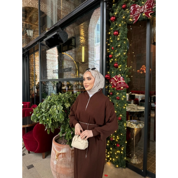 Fermuar Detaylı Triko Elbise - Acı Kahve