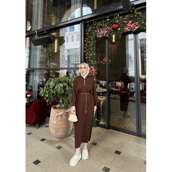 Fermuar Detaylı Triko Elbise - Acı Kahve