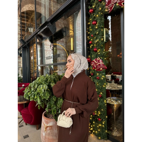 Fermuar Detaylı Triko Elbise - Acı Kahve