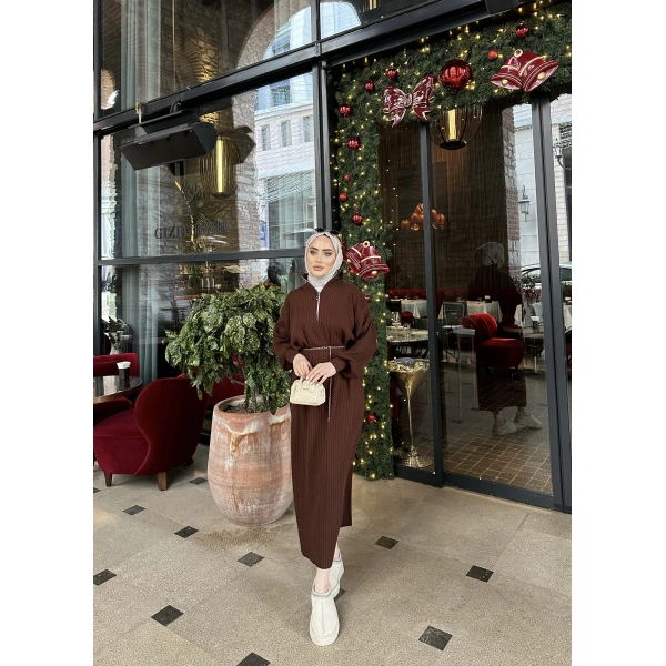 Fermuar Detaylı Triko Elbise - Acı Kahve