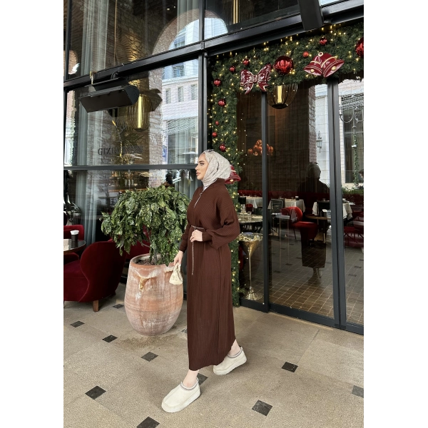 Fermuar Detaylı Triko Elbise - Acı Kahve