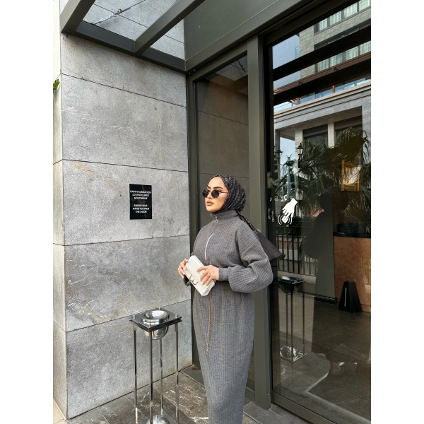 Fermuar Detaylı Triko Elbise - Gri