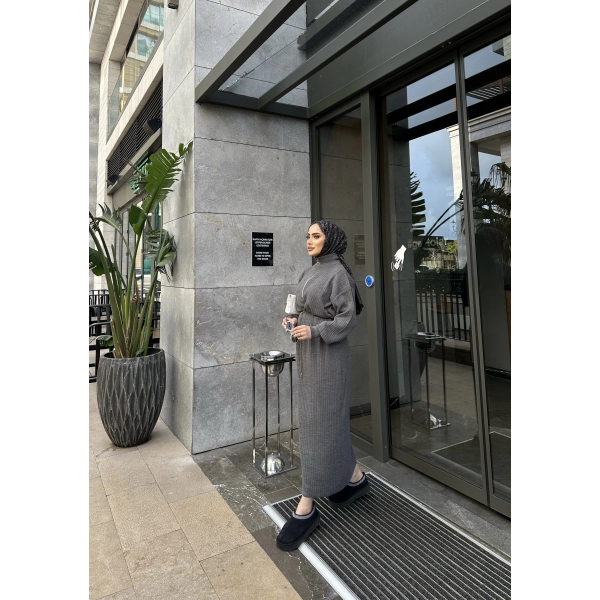 Fermuar Detaylı Triko Elbise - Gri