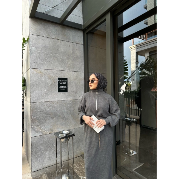 Fermuar Detaylı Triko Elbise - Gri