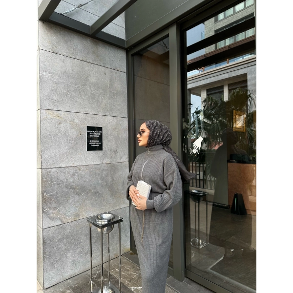 Fermuar Detaylı Triko Elbise - Gri