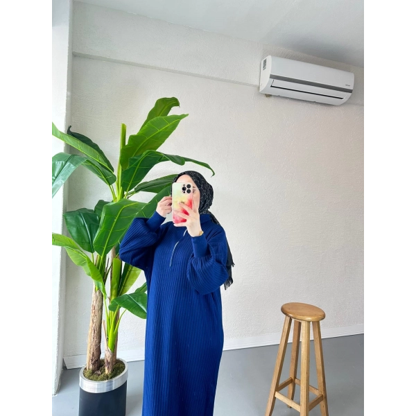 Fermuar Detaylı Triko Elbise - Lacivert