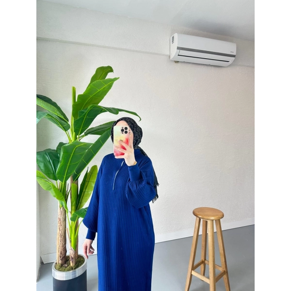 Fermuar Detaylı Triko Elbise - Lacivert