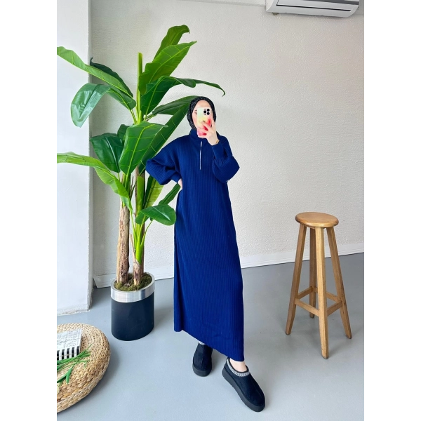 Fermuar Detaylı Triko Elbise - Lacivert