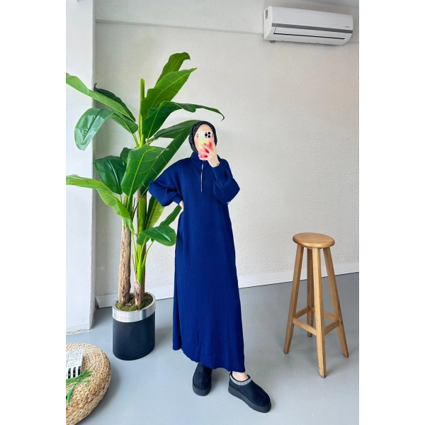 Fermuar Detaylı Triko Elbise - Lacivert