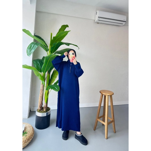 Fermuar Detaylı Triko Elbise - Lacivert