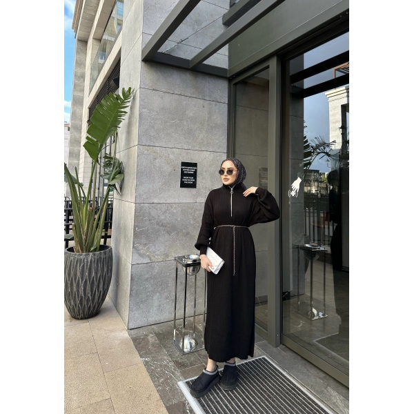 Fermuar Detaylı Triko Elbise - Siyah