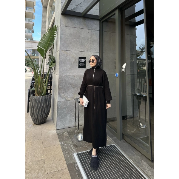 Fermuar Detaylı Triko Elbise - Siyah