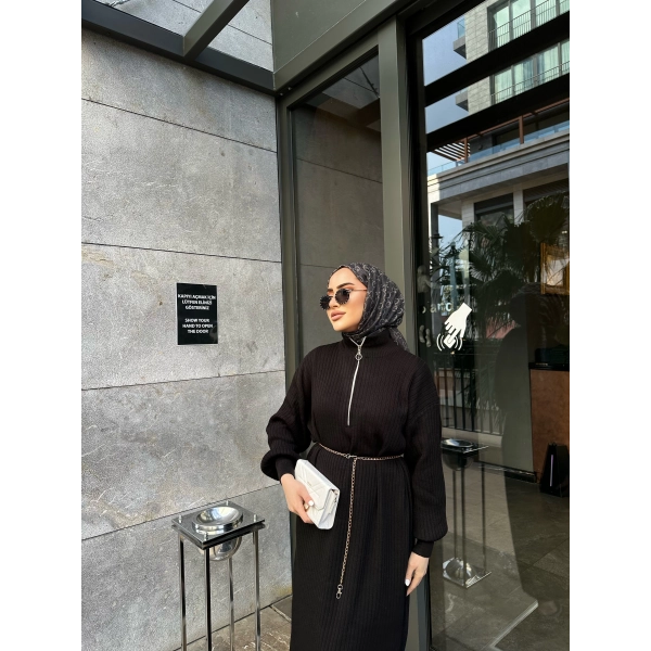 Fermuar Detaylı Triko Elbise - Siyah