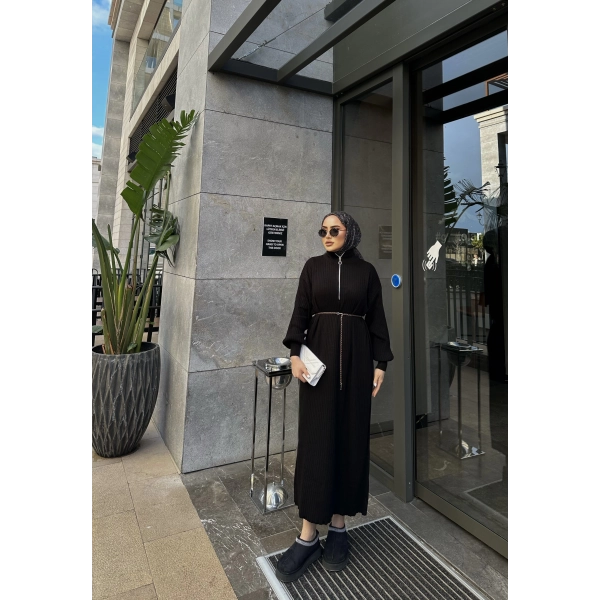 Fermuar Detaylı Triko Elbise - Siyah