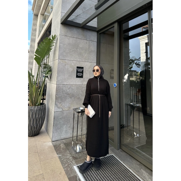 Fermuar Detaylı Triko Elbise - Siyah