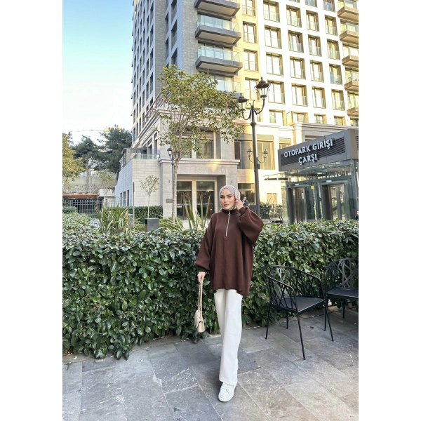 Fermuarlı Sweat Model Triko Kazak - Acı Kahve