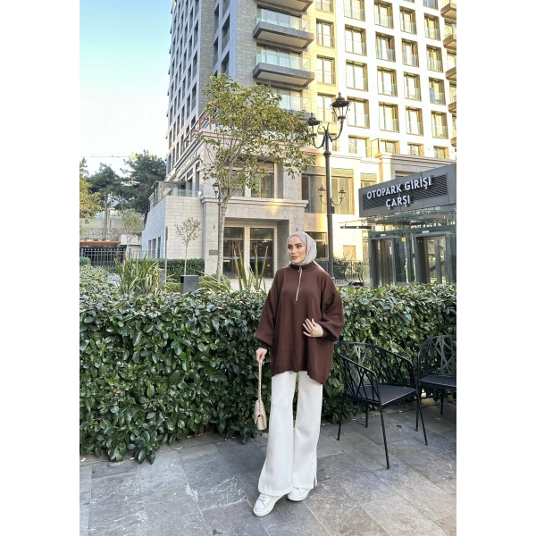 Fermuarlı Sweat Model Triko Kazak - Acı Kahve