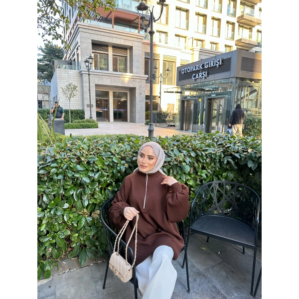 Fermuarlı Sweat Model Triko Kazak - Acı Kahve