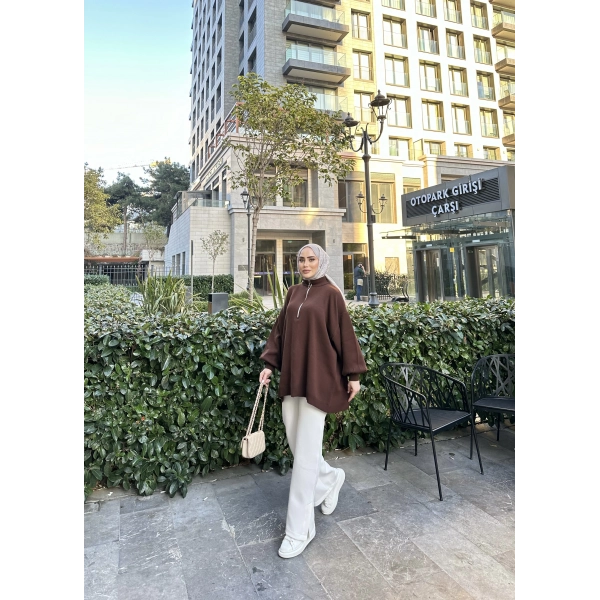 Fermuarlı Sweat Model Triko Kazak - Acı Kahve