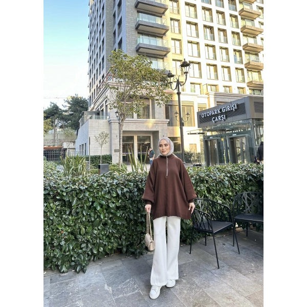 Fermuarlı Sweat Model Triko Kazak - Acı Kahve