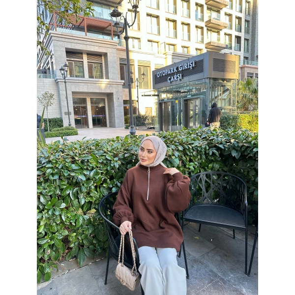 Fermuarlı Sweat Model Triko Kazak - Acı Kahve