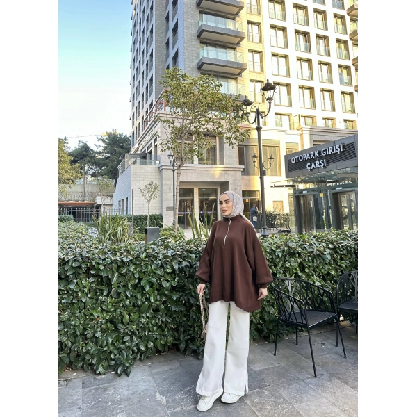 Fermuarlı Sweat Model Triko Kazak - Acı Kahve