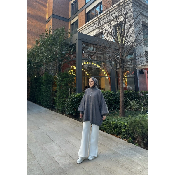 Fermuarlı Sweat Model Triko Kazak - Gri