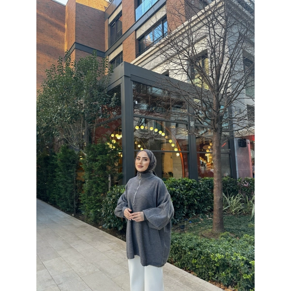 Fermuarlı Sweat Model Triko Kazak - Gri