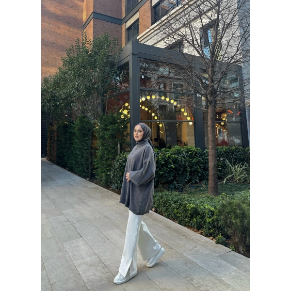 Fermuarlı Sweat Model Triko Kazak - Gri