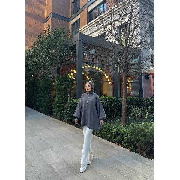 Fermuarlı Sweat Model Triko Kazak - Gri