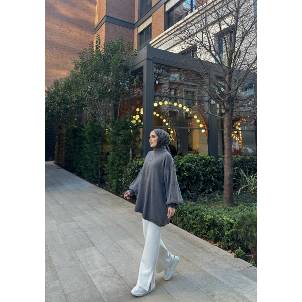 Fermuarlı Sweat Model Triko Kazak - Gri