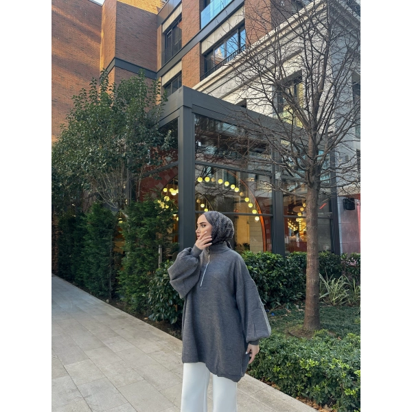 Fermuarlı Sweat Model Triko Kazak - Gri